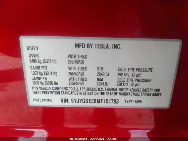 2021 TESLA MODEL Y 5YJYGDEE8MF151783 Photo 8