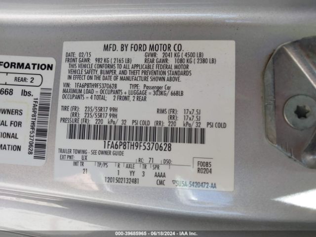 1FA6P8TH9F5370628 Ford Mustang Ecoboost