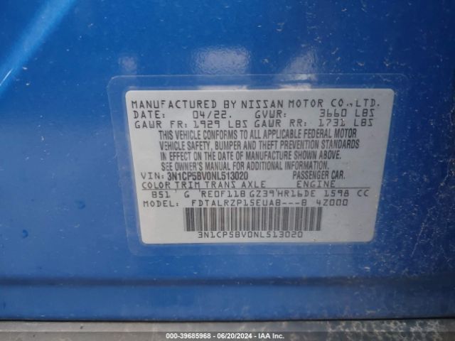 3N1CP5BV0NL513020 Nissan Kicks S Xtronic Cvt