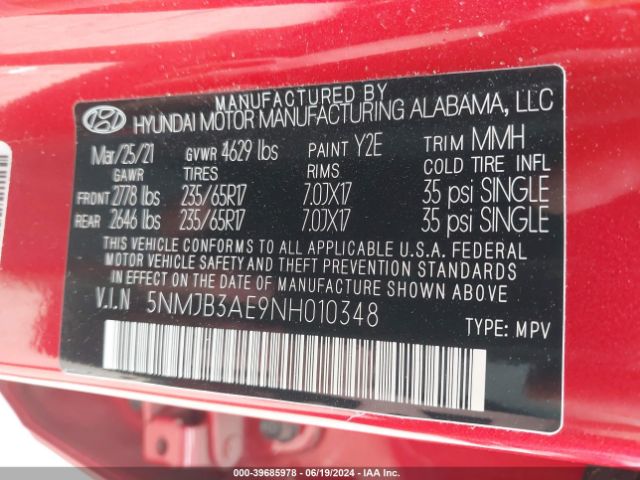 5NMJB3AE9NH010348 Hyundai TUCSON SEL