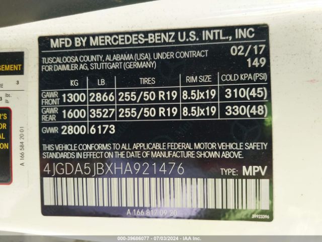 4JGDA5JBXHA921476 Mercedes-Benz GLE 350