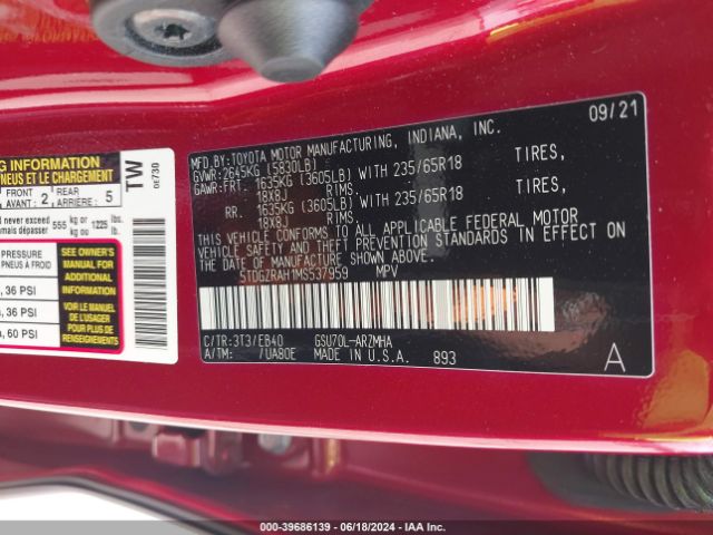5TDGZRAH1MS537959 Toyota Highlander Xle
