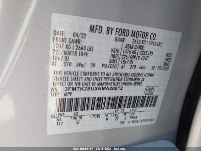 3FMTK2SUXNMA26012 Ford Mustang Mach-e California Route 1