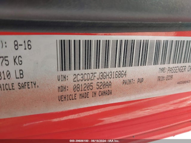 Продажа на аукционе авто 2016 Dodge Challenger 392 Hemi Scat Pack Shaker, vin: 2C3CDZFJ3GH316864, номер лота: 39686180