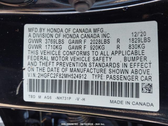 2HGFC2F82MH524912 Honda Civic Sport