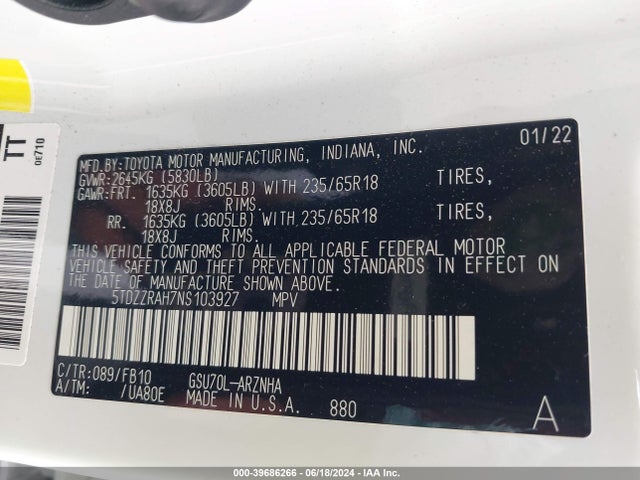 Toyota Highlander Le 2022 5TDZZRAH7NS103927 Image 9