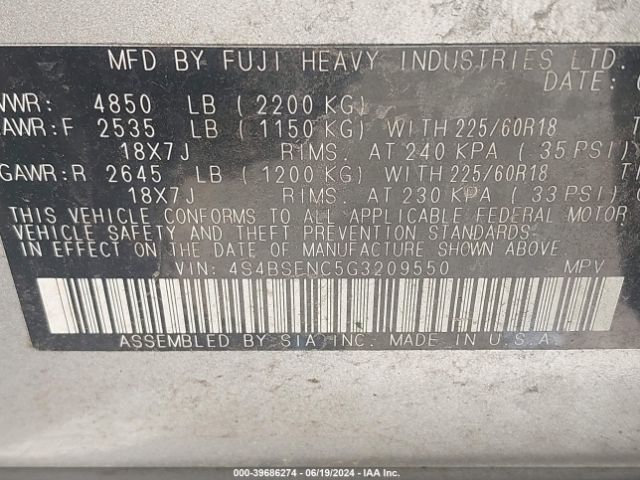 4S4BSENC5G3209550 Subaru Outback 3.6r Limited