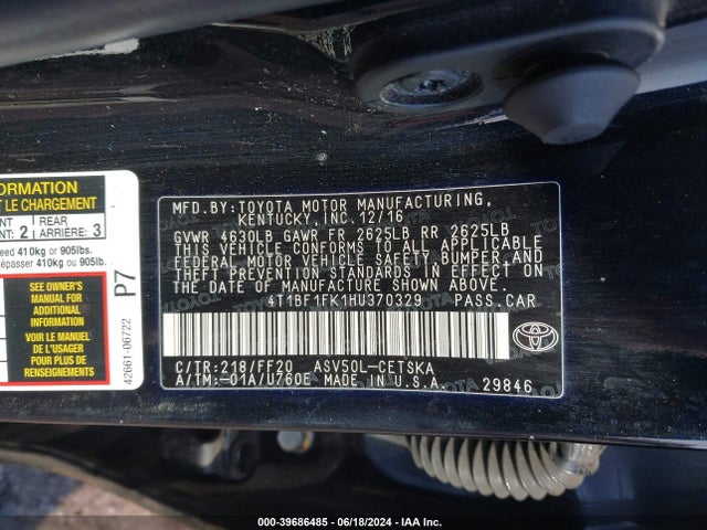 Toyota CAMRY SE 2017 4T1BF1FK1HU370329 Image 9