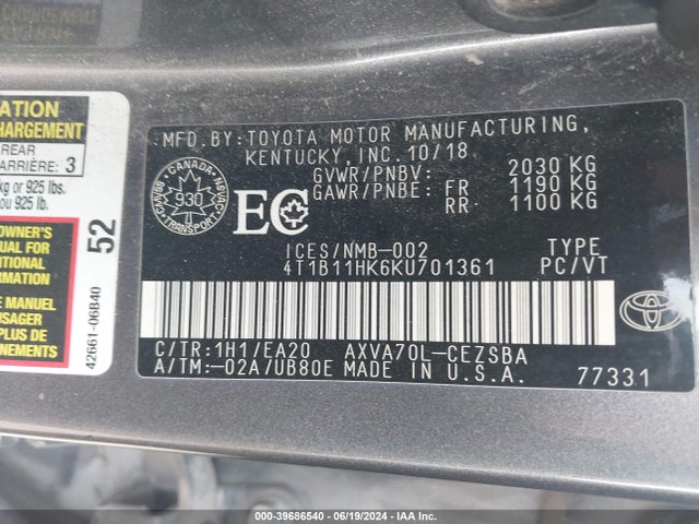 Toyota CAMRY SE 2019 4T1B11HK6KU701361 Image 9