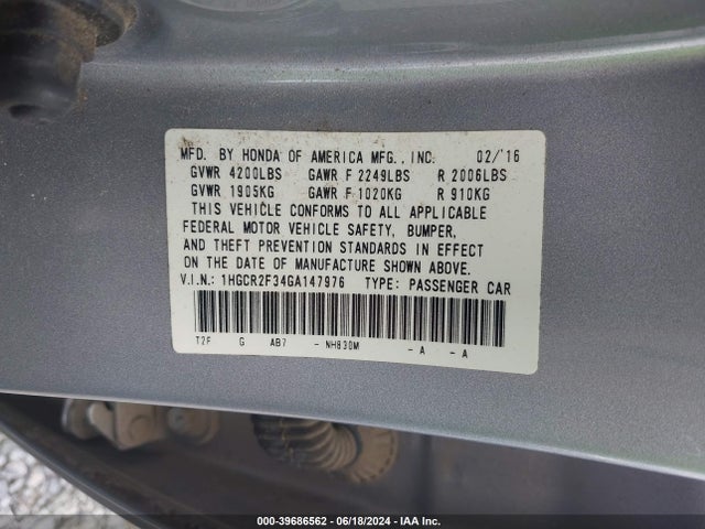Honda ACCORD LX 2016 1HGCR2F34GA147976 Image 9