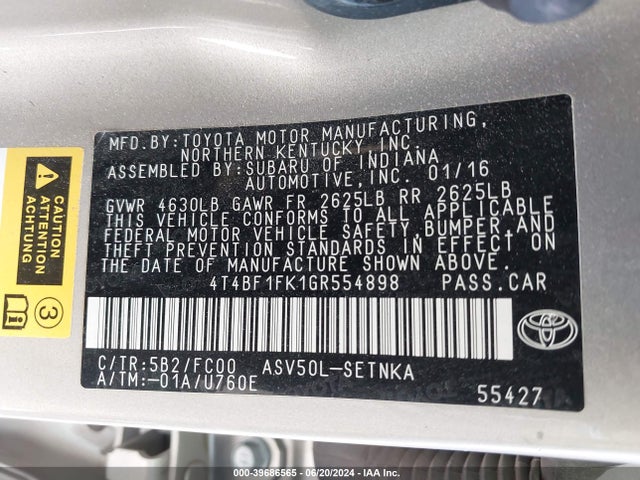 Toyota CAMRY LE 2016 4T4BF1FK1GR554898 Image 9