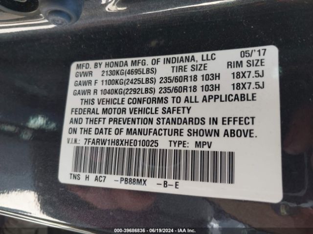7FARW1H8XHE010025 Honda Cr-v Ex-l/ex-l Navi