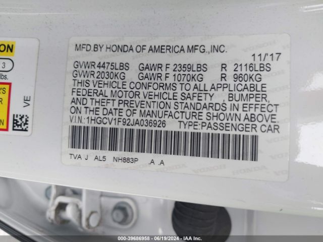 1HGCV1F92JA036926 Honda Accord Touring