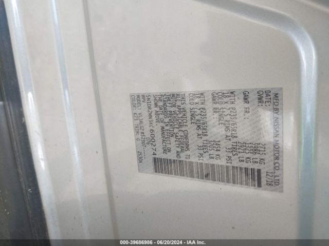 5N1DR2MN3KC600274 Nissan Pathfinder Sl