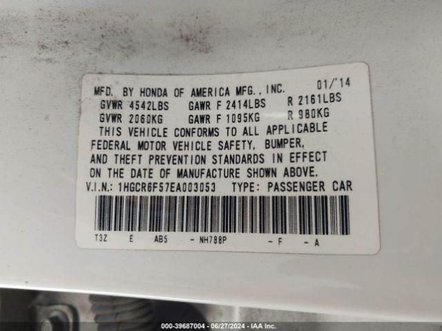1HGCR6F57EA003053 Honda Accord Hybrid Ex-l