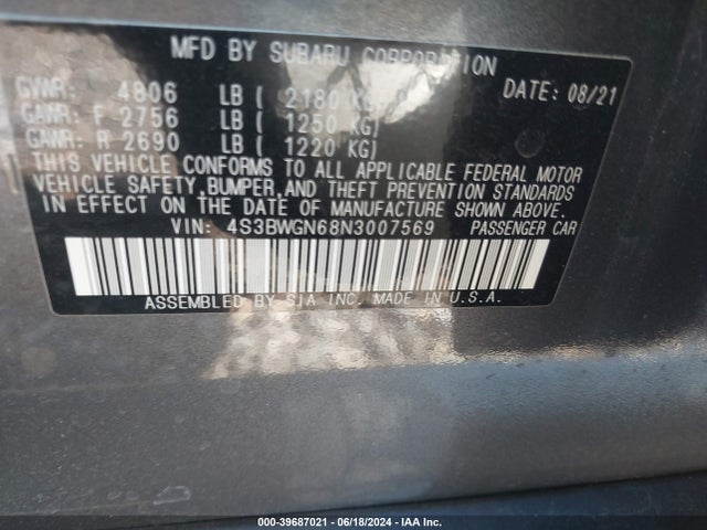 Subaru Legacy Limited Xt 2022 4S3BWGN68N3007569 Image 9