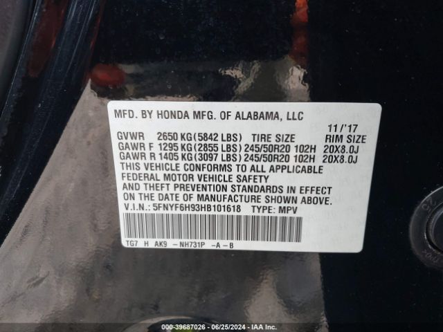 5FNYF6H93HB101618 Honda Pilot Touring