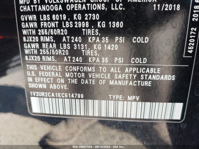 1V2UR2CA1KC514799 Volkswagen Atlas 3.6l V6 Se W/technology