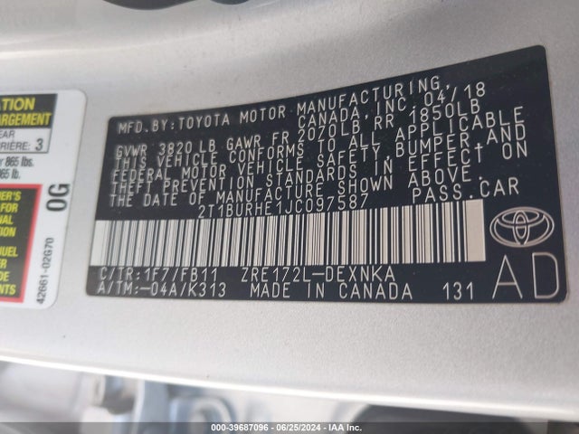 Toyota COROLLA LE 2018 2T1BURHE1JC097587 Image 9