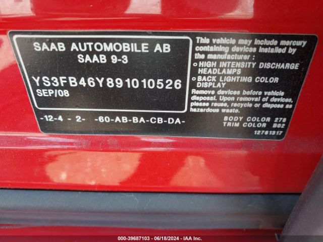 2009 SAAB 9-3 YS3FB46Y891010526 Photo 8
