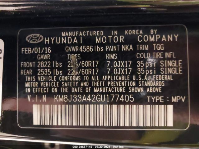 KM8J33A42GU177405 Hyundai TUCSON SE