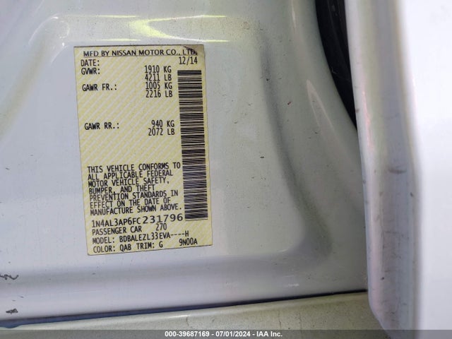 Nissan Altima 2.5 S 2015 1N4AL3AP6FC231796 Image 9