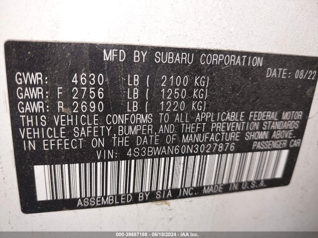 4S3BWAN60N3027876 Subaru Legacy Limited