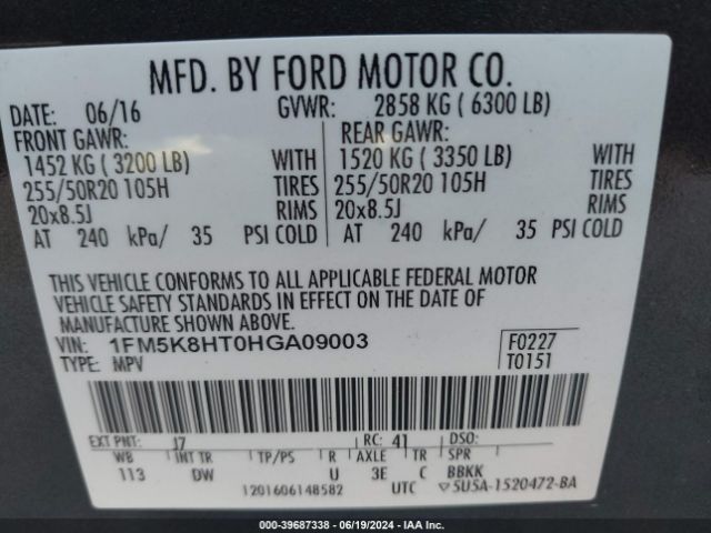 1FM5K8HT0HGA09003 Ford Explorer Platinum