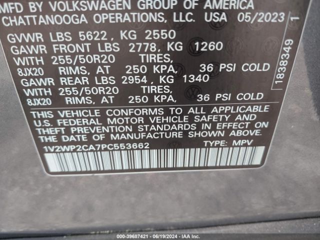 1V2WP2CA7PC553662 Volkswagen Atlas 2.0t Se W/technology