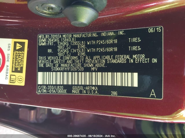 Toyota Highlander Xle V6 2015 5TDKKRFH1FS097509 Image 9