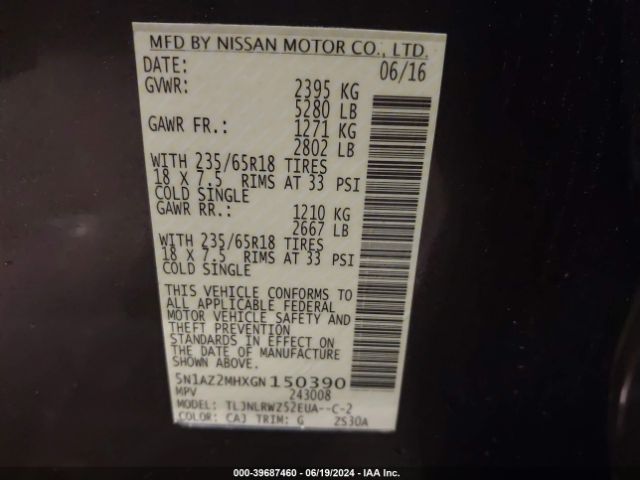 5N1AZ2MHXGN150390 Nissan MURANO SL