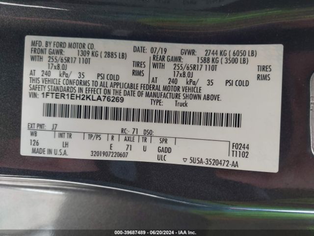 1FTER1EH2KLA76269 Ford RANGER XL