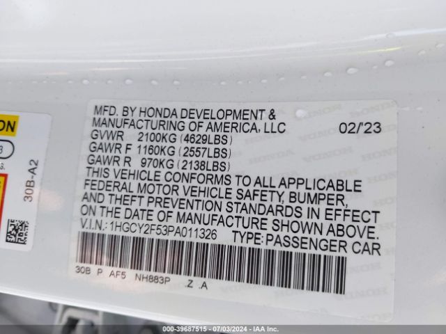 1HGCY2F53PA011326 Honda Accord Hybrid Sport