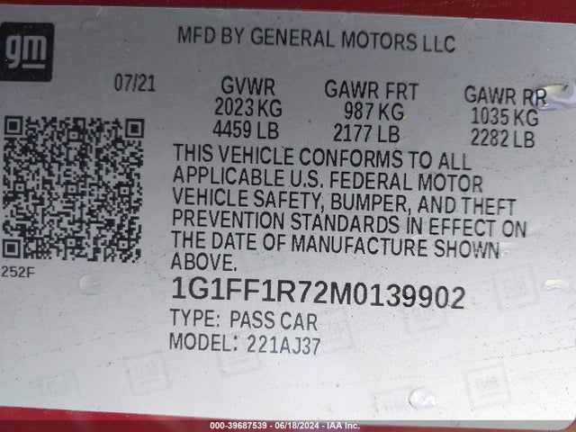 Chevrolet Camaro Rwd  Lt1 2021 1G1FF1R72M0139902 Image 9