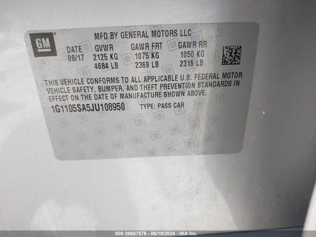 Chevrolet IMPALA 1LT 2018 1G1105SA5JU108950 Image 9