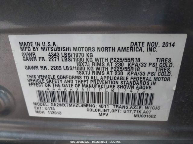 4A4AR3AU1FE017472 Mitsubishi Outlander Sport Es