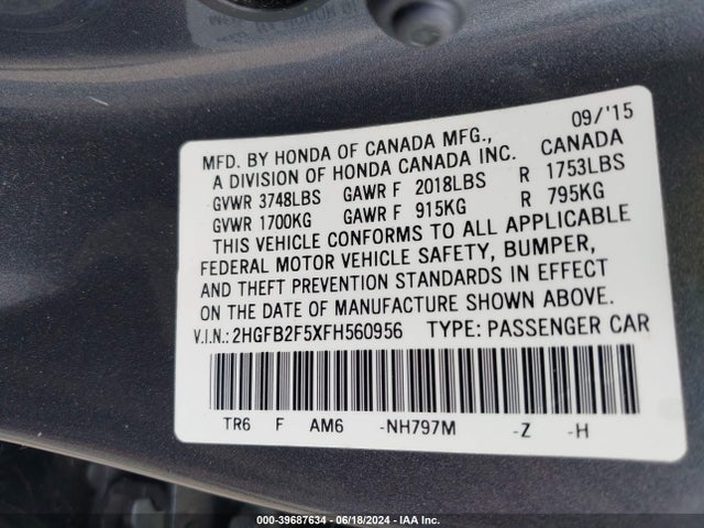 Honda Civic Lx 2015 2HGFB2F5XFH560956 Image 9