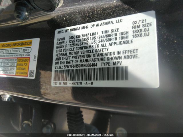 5FNYF6H59MB060404 Honda Pilot Awd Ex-l