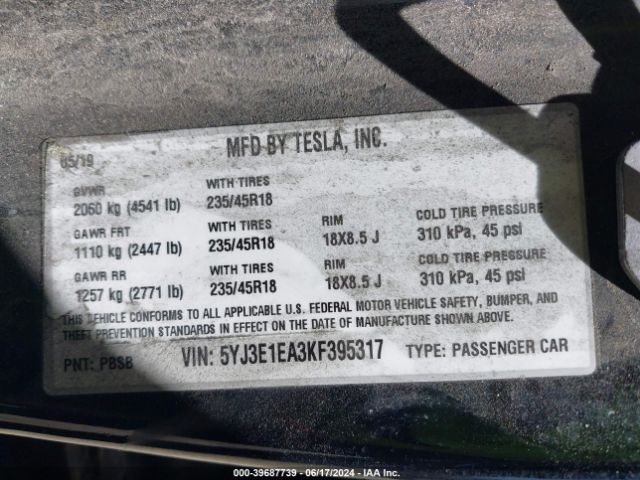 5YJ3E1EA3KF395317 Tesla Model 3 Long Range/mid Range/standard Range/standard Range Plus
