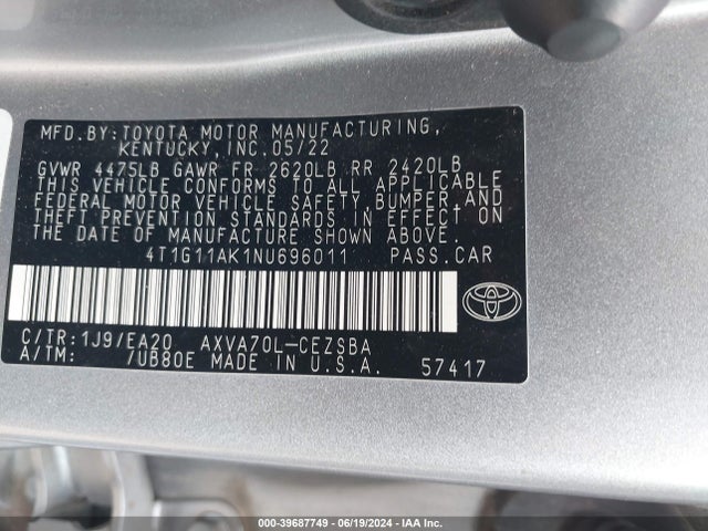 Toyota CAMRY SE 2022 4T1G11AK1NU696011 Image 9