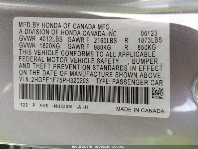 Honda Civic Ex /ex W/o Bsi 2023 2HGFE1F75PH320203 Image 9