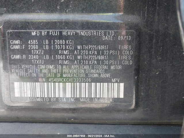 Subaru Outback 2.5i Limited 2014 4S4BRCKCXE3233506 Image 9