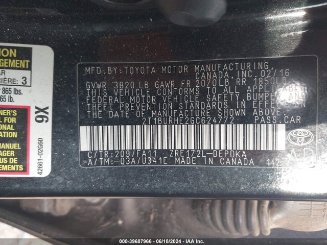 Toyota COROLLA L 2016 2T1BURHE2GC624772 Image 9