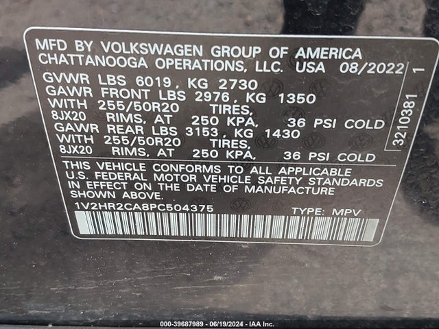 1V2HR2CA8PC504375 Volkswagen Atlas 3.6l V6 Se W/technology