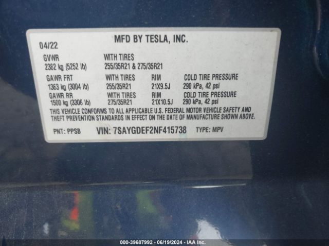 7SAYGDEF2NF415738 Tesla Model Y Performance Dual Motor All-wheel Drive