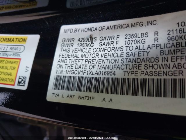 2020 HONDA ACCORD 1HGCV1F1XLA016954 Photo 8