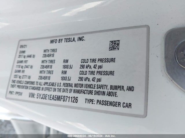 5YJ3E1EA5MF071126 Tesla Model 3 Standard Range Plus Rear-wheel Drive