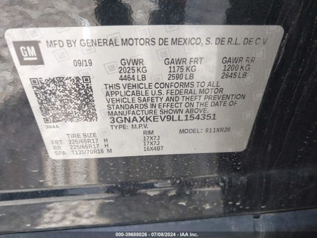 3GNAXKEV9LL154351 Chevrolet Equinox Fwd Lt 1.5l Turbo