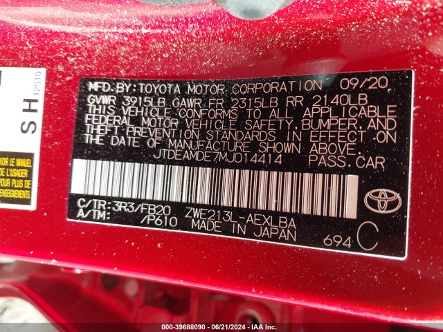 JTDEAMDE7MJ014414 Toyota Corolla Hybrid Le