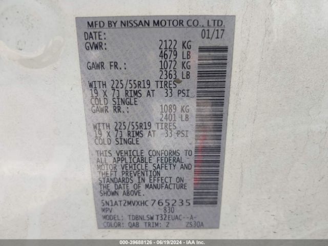 5N1AT2MVXHC765235 Nissan Rogue Sl